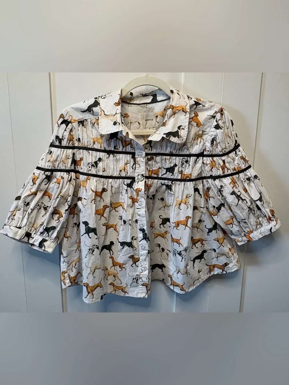 Anthropologie Maeve The Leandra Shirred Yoke Cotton Dog Print Puff Sleeve Blouse - Picture 2 of 8